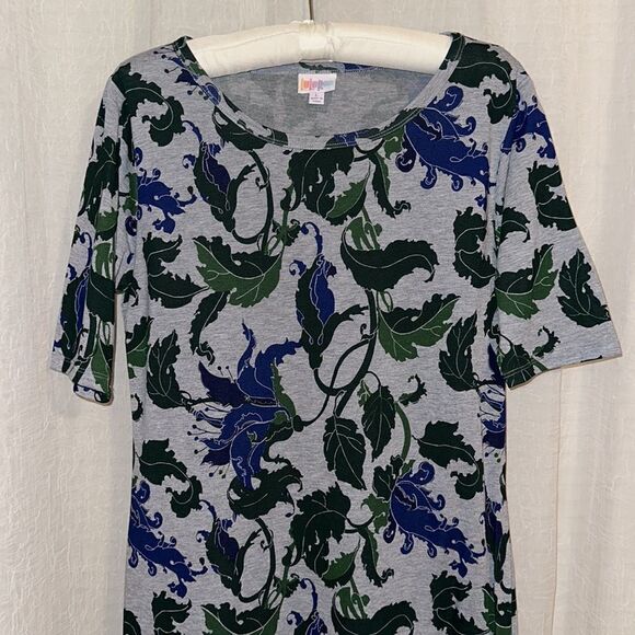 LuLaRoe L Julia Gray Green Blue Floral Short Sleeve Crewneck Dress - Picture 3 of 10